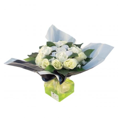Bouquet de 5 layettes : Mélodie blanc pour un cadeau de naissance rigolo