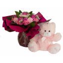 Bouquet de 8 layettes et son ourson Rose