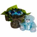 Bouquet de 8 layettes et son ourson Bleu