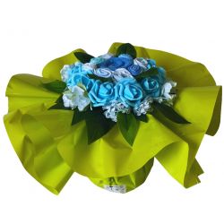 Bouquet de Naissance avec une fleurs de Cape de Bain brodée au prénom de bébé : Bleu | Fripoune