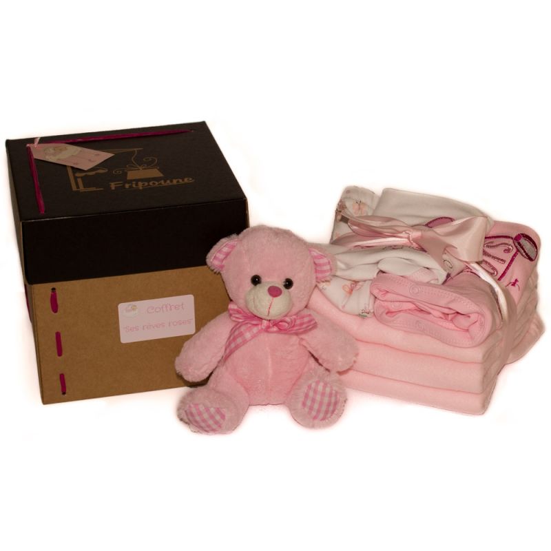 Coffret naissance personnalisé "ses rêves roses" composé d'un ours, d'une couverture et de pyjamas pour bébé