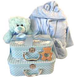 Coffret naissance personnalisé : Valisettes "tout doux" bleues - ensemble complet à offrir en coffret pour l'arrivée de bébé