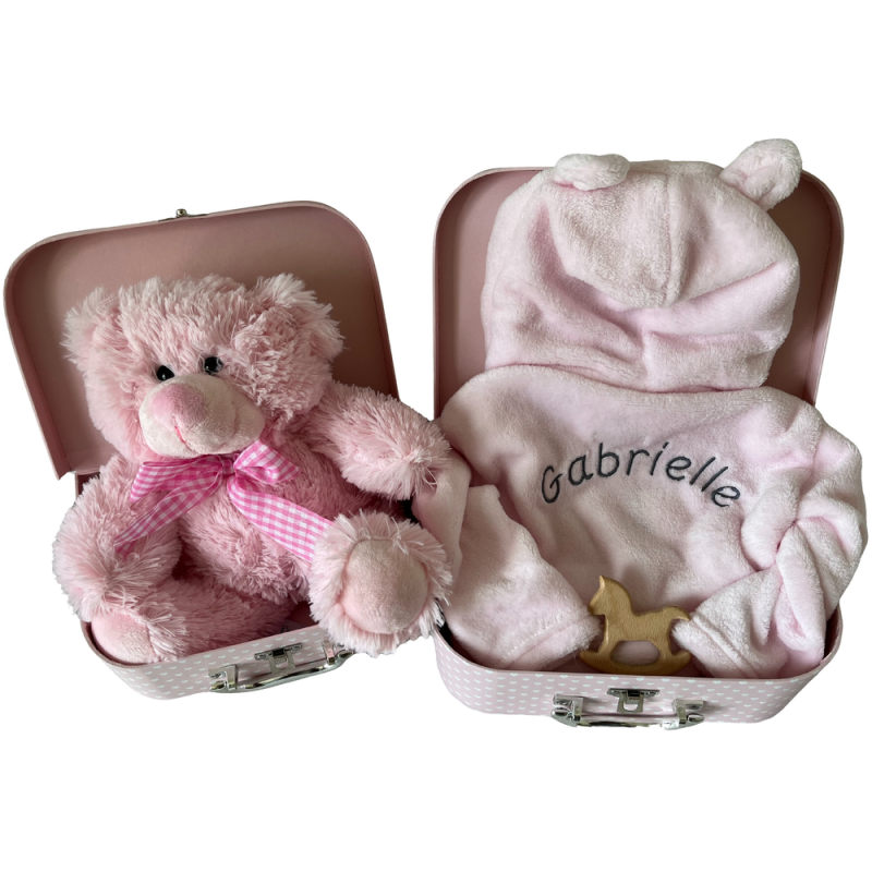 Coffret naissance personnalisé : Valisettes "tout doux" roses au prénom de bébé