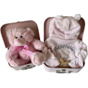 Coffret naissance personnalisé : Valisettes "tout doux" roses au prénom de bébé