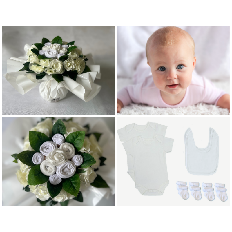 Bouquet de naissance original blanc composé de fleurs de vêtements pour bébé