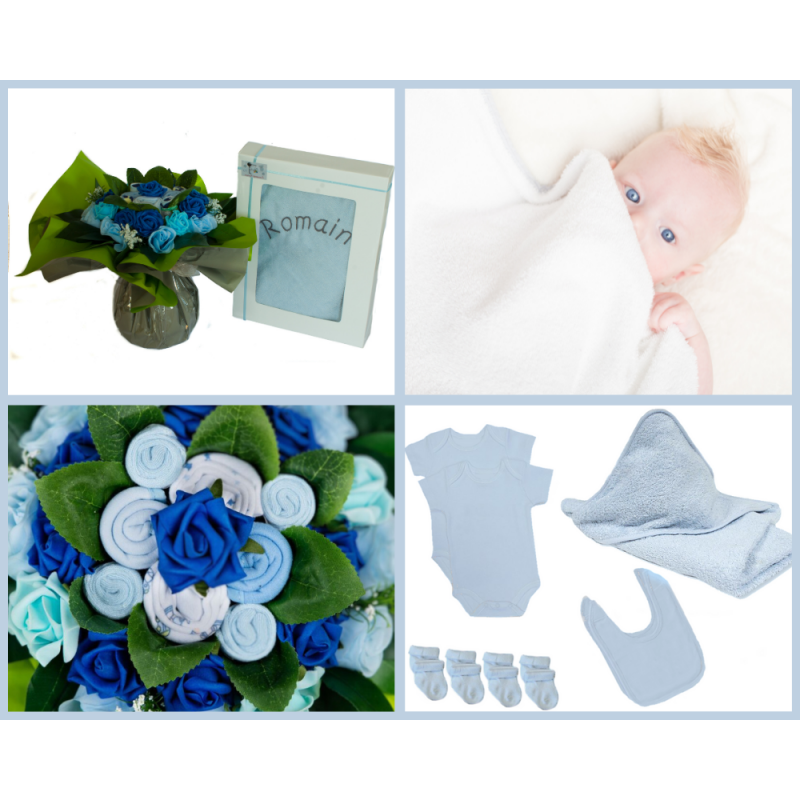 Bouquet de naissance garçon personnalisé avec sa cape de bain brodé