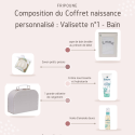 Compositions du Coffret naissance personnalisé : Valisettes Bain, Dodo, Repas pour offrir en coffret de pour bébé original